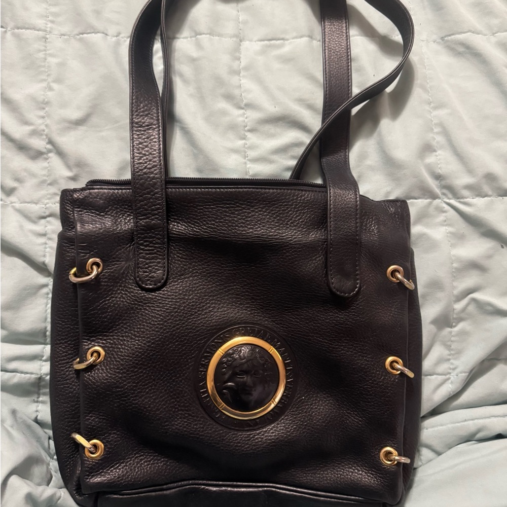 Black Leather Tote Bag with Gold Accents